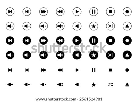 Vector Media Control Buttons for Music and Video, Play, Pause, Seek, Volume Adjustment.