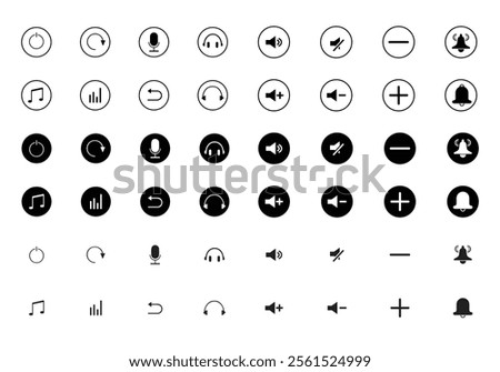 Professional Media Player Icon Pack, Includes Play, Stop, Next, Previous, Volume, and Settings Buttons.