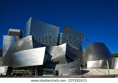 LOS ANGELES, CALIFORNIA - NOVEMBER 03, 2014: Exterior of the Walt Disney Concert Hall in of Los Angeles, designed by Frank Gehry. It opened on 2003, as the home of the Los Angeles Philharmonic.