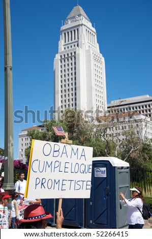 LOS ANGELES - MAY 1: On International Workers\' Day, people march in Downtown on support to Arizona immigrants and demanding Obama an immigration reform on May 1, 2010 in Los Angeles.