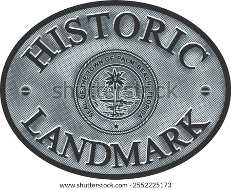 The Historic Landmark logo features an oval design with the seal of the Town of Palm Beach Florida at its center. Its bold lettering and intricate details symbolize heritage preservation and cultural.