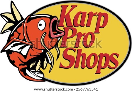 cartoonish orange fish with an open mouth, resembling a carp, on the left side fish is detailed with fins and scales. To the right of the fish, there is a yellow oval background with 'Karp Pro Shops'.