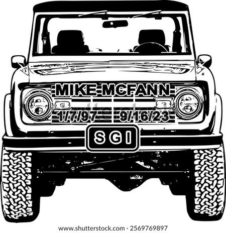 black and white illustration of the front view of a vehicle, likely a classic off-road vehicle. The text 'MIKE MCFANN' is prominently displayed on the front grille, along with the dates '1.7.97'.