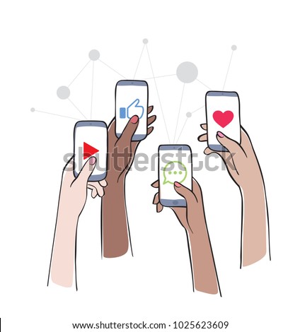 Social Network - Friends Interacting on Social Media
Women using different social platforms. Hands holding smartphones with social network apps icons. Online communication and connection.