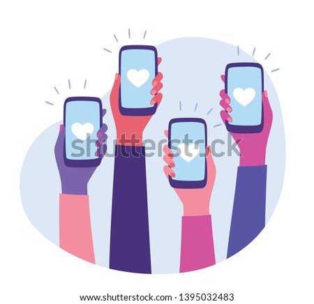 Social Media Interaction. Social network communication on mobile app. Hands holding smartphone with like button on the screen. Mobile application and modern technology concept. Flat style vector