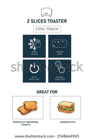 Home appliances
 • 2 slice pop-up toasters. • With cancel function. • Auto shut-off. • With working indicator light