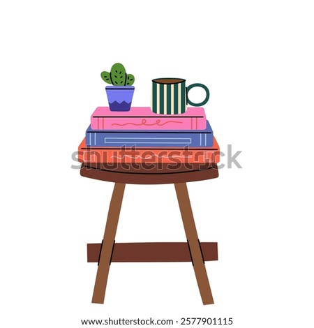 Cartoon style stool with stack of colorful books, coffee mug, and small potted plant – Perfect for home decor, reading nook, or cozy Interior illustrations