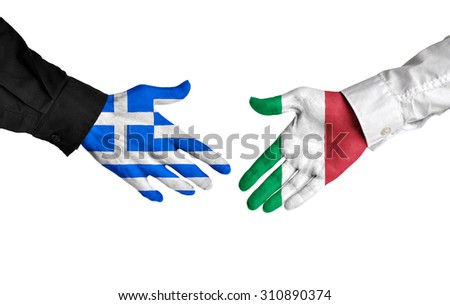 Greece and Italy leaders shaking hands on a deal agreement