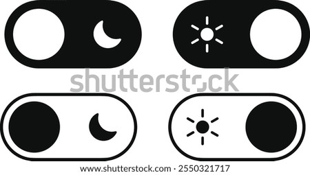 Day and night toggle switch icons set. Collection of on off. Sun and Moon icons for dark light mood. Dark mode and light mode switch button for website and mobile app. day night modes switch