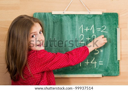 Confused schoolgirl standing in front of blackboard - problem with mathematics