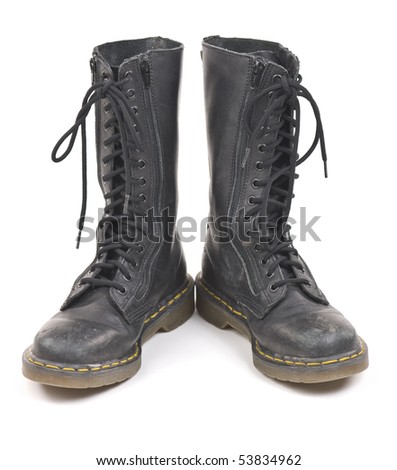 Pair Of Black Worn Old Combat Boots. Isolated On White Background ...
