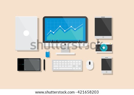Computer and Electronic Device Flat Design Vector Illustration Element Icons Set