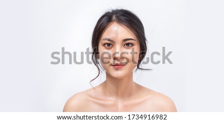 Comparison Asian women before and after applying makeup, Portrait asian girl compare fresh skin and makeup.