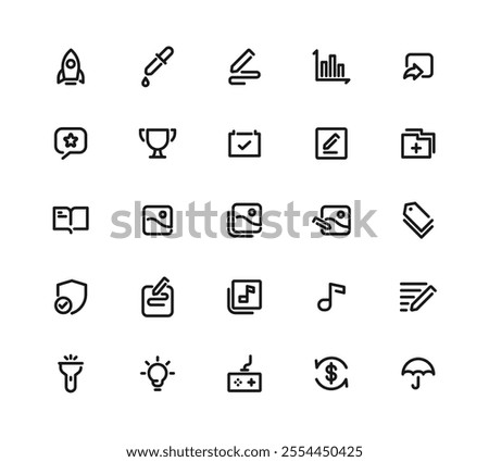 A Collection Of Icons Including A Book, Shield, Dollar Sign, Music Note, And Rocket. Editable Stroke