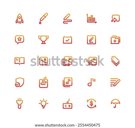 A Collection Of Icons Including A Book, Shield, Dollar Sign, Music Note, And Rocket. Gradient