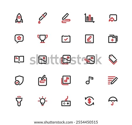 A Collection Of Icons Including A Book, Shield, Dollar Sign, Music Note, And Rocket. Dual Tone