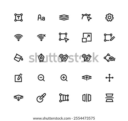 A Set Of Ui Ux Icons Editable Stroke. The Icons Include A Pen, Book, Box, Circle, Square, Triangle, Cross, Plus Sign, Minus Sign, Star, Gear.