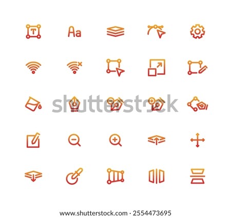 A Set Of Ui Ux Icons Gradient. The Icons Include A Pen, Book, Box, Circle, Square, Triangle, Cross, Plus Sign, Minus Sign, Star, Gear.