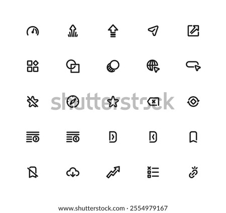 A Collection Of User Interface Icon. The Icons Include A Star, Cloud, Globe, Cross, Check Mark, Down Arrow, Right Arrow, Left Arrow, Plus Sign, Minus Sign, Editable Stroke.