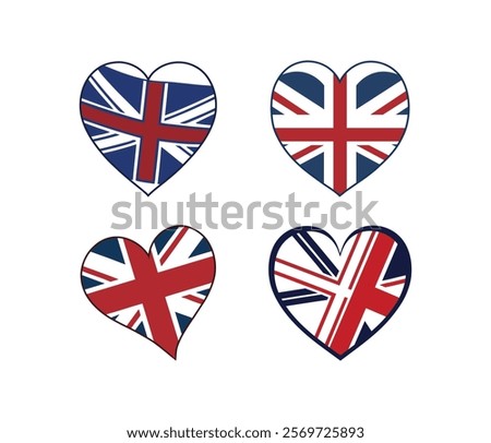 Heart shaped union jack flag designs - patriotic british icons for UK themes, love, and national pride vector set