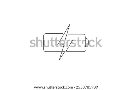 One continuous line drawing of battery charging. Lightning bolt symbol and electricity energy type, Continuous one line drawing of Battery with bolt symbol. Battery single line vector illustration.