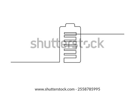 One continuous line drawing of battery charging. Lightning bolt symbol and electricity energy type, Continuous one line drawing of Battery with bolt symbol. Battery single line vector illustration.