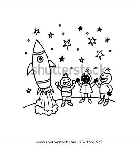 Line art Coloring books Space adventure. aliens counting down as their colorful rocket blasts off into a glittering sky filled with stars