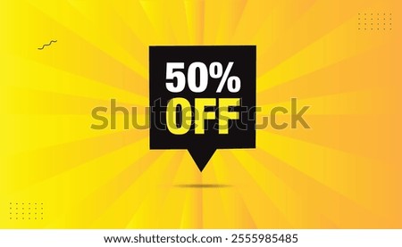 50% OFF illustration label sticker vector art template. Editable EPS format, bold white text, black shapes, yellow-orange background. Perfect for promotions, sales, and modern graphic design projects