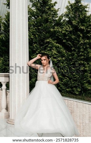 Image, Stock Photo Gorgeous woman touching columns in park