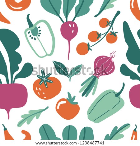 Seamless pattern with hand drawn colorful doodle vegetables. Vector texture.  Flat icons: pepper, radish, beet, tomato. Vegetarian healthy food. Vegan, farm, organic, natural background