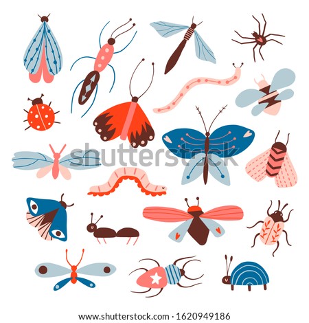 Doodle insects big set. Beetle, ant, butterfly, moth, worm collection. Cute cartoon modern flat style illustration. Hand drawn decorative design elements. Colorful isolated vector icons