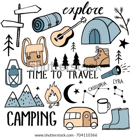 Camping set. Travel kit collection. Equipment for outdor adventure. Hand drawn illustration