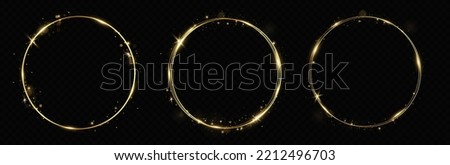 Abstract sparkling golden frame light effect on transparent background. Spark with ring glossy line.
