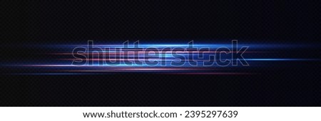 Neon lines moving light effect. Horizontal lines. Speed ​​effect on a transparent background. Lines of light, speed and movement. blue and red.	