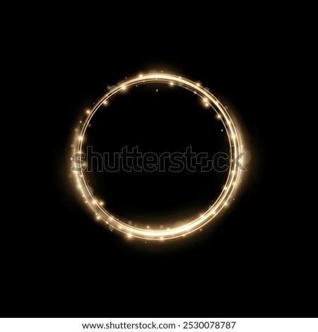 Abstract sparkling golden frame light effect on transparent background. Spark with ring glossy line.