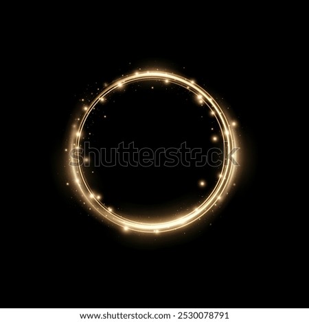 Abstract sparkling golden frame light effect on transparent background. Spark with ring glossy line.