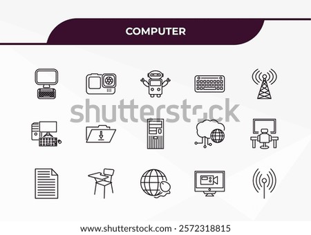 fully editable outline icon collection from computer concept. thin line icons set such as full computer, action camera, computer, video, wireless connectivity,