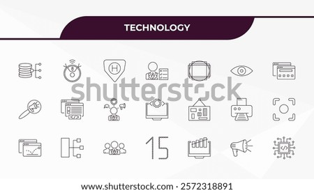 fully editable outline icon collection from technology concept. thin line icons set such as data architecture, robot vacuum, mood board, call to action, embedding,