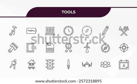 fully editable outline icon collection from tools concept. thin line icons set such as tools and utensils, battery charging, windmills, squad, calendar with six days,