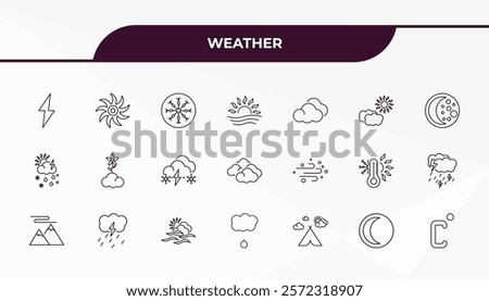 fully editable outline icon collection from weather concept. thin line icons set such as light bolt, tropical storm, sand storms, first quarter, celsius,