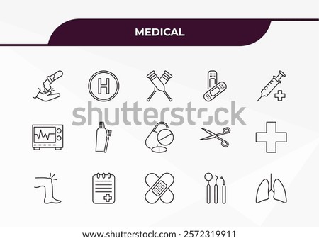 fully editable outline icon collection from medical concept. thin line icons set such as acid falling on hand, heliport, heart rate monitor, dentist tool, lungs,