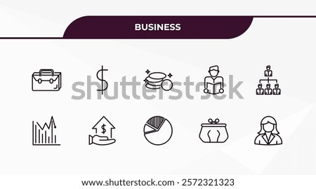 fully editable outline icon collection from business concept. thin line icons set such as briefcase, dollar currency, statistical chart, coin purse, businesswomen,