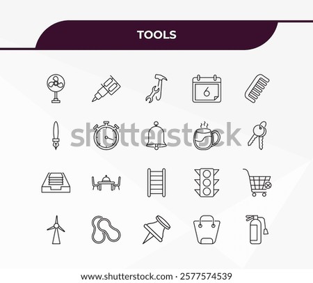 fully editable outline icon collection from tools concept. thin line icons set such as table fan, tattoo, tray for papers, bag with big handle, flame extinguisher,