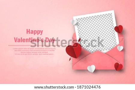 Heart shape paper and blank photo frame with envelope, Happy Valentine's Day