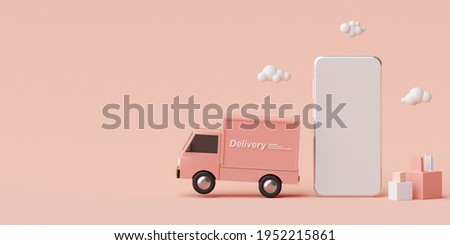E-commerce concept, Delivery service on mobile application, Transportation delivery by truck, 3d rendering