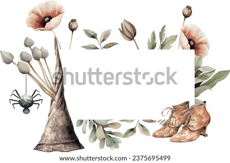 Halloween watercolor vector banner with dried flowers, spider, spiderweb, spooky gizmos, on white background