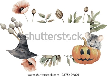 Halloween watercolor vector banner with dried flowers, witch hat, pumpkin, mouse, poppies, spooky gizmos, on white background