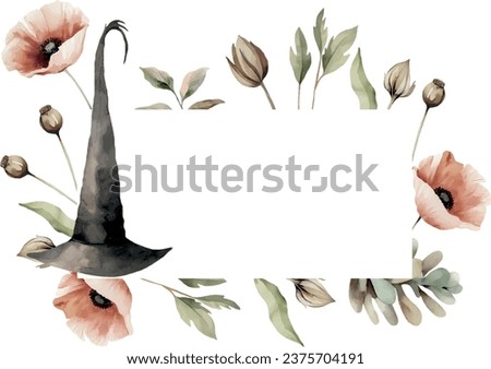 Halloween watercolor vector banner with dried flowers, witch hat, poppies, spooky gizmos, on white background