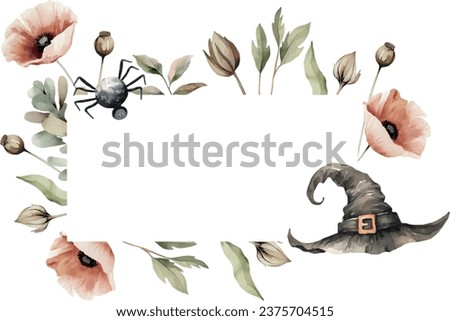 Halloween watercolor vector banner with dried flowers, witch hat, spider, poppies, spooky gizmos, on white background