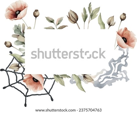 Halloween watercolor vector banner with dried flowers, smoke, potion, spiderweb, spooky gizmos, on white background